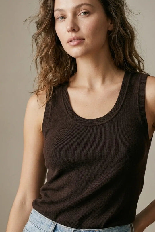 Brown Ribbed Knit Tank Top for Layering - BROWN / ONE - Tops