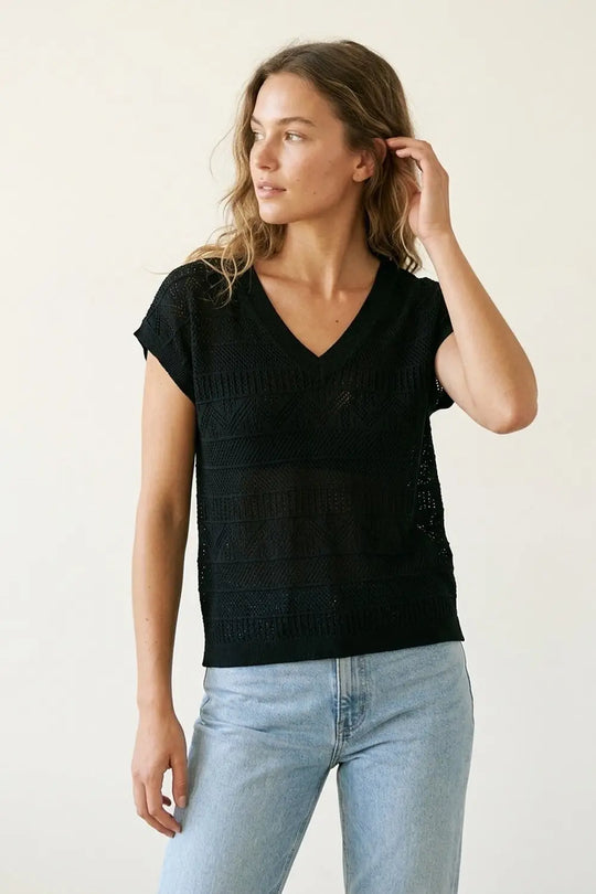 Black V-Neck Crochet Knit Top with Cap Sleeves - BLACK / ONE - Sweaters