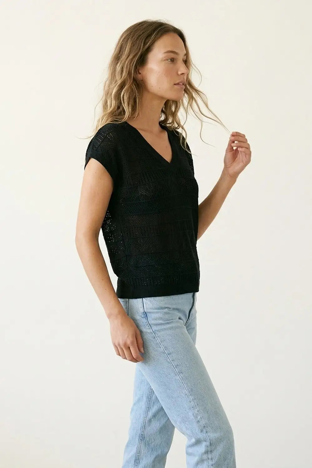Black V-Neck Crochet Knit Top with Cap Sleeves - BLACK / ONE - Sweaters