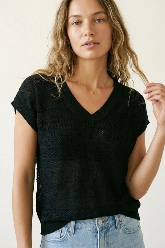 Black V-Neck Crochet Knit Top with Cap Sleeves - BLACK / ONE - Sweaters