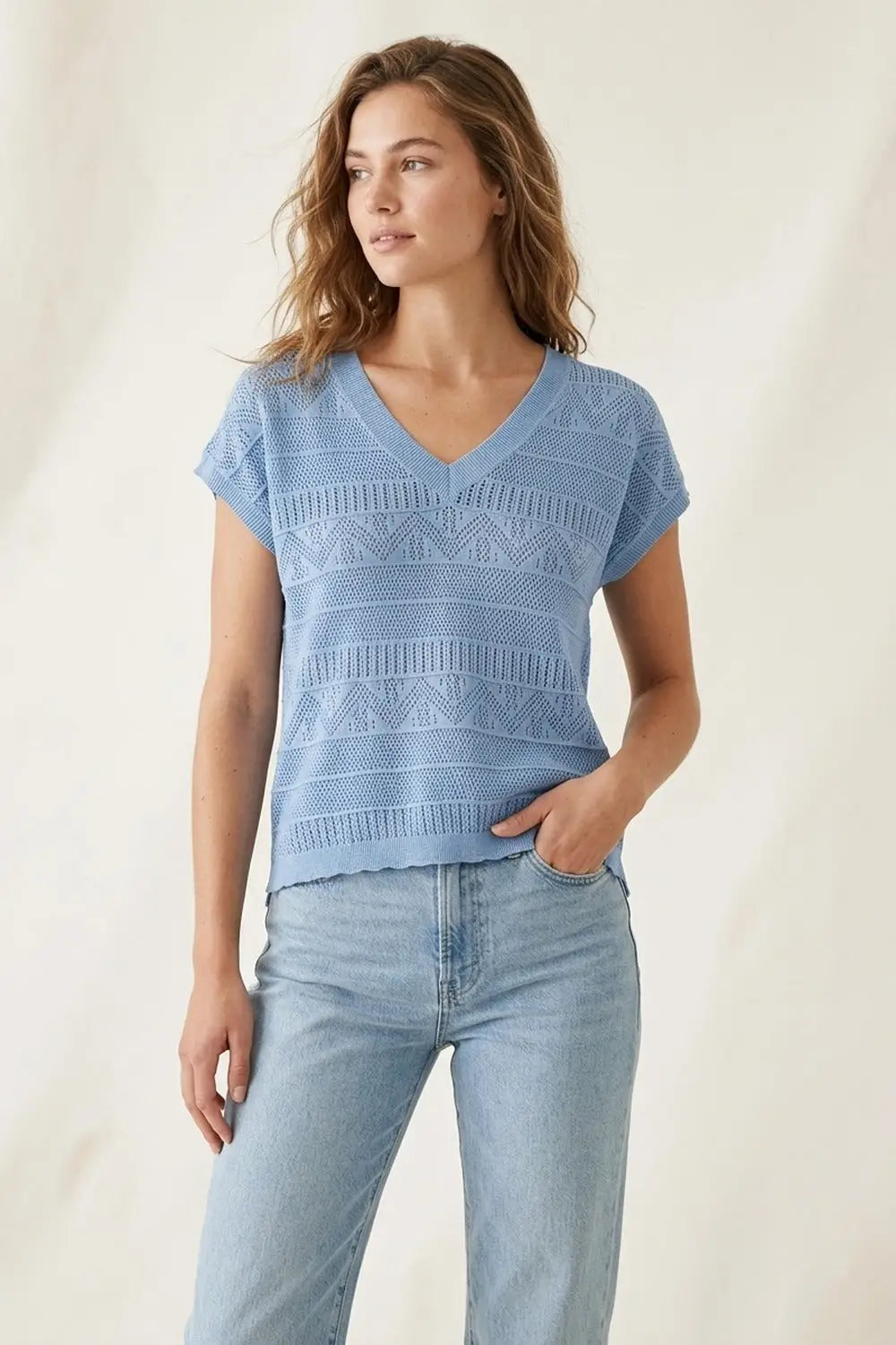 Light Blue Knit V-Neck Short Sleeve Top - BLUE / ONE - Sweaters