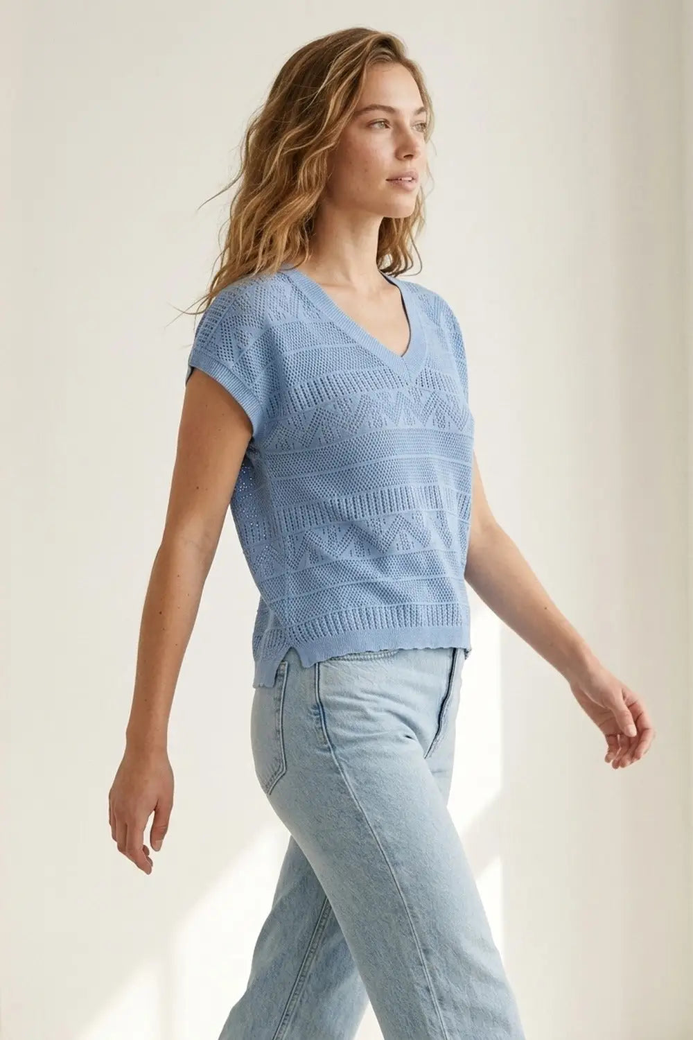 Light Blue Knit V-Neck Short Sleeve Top - BLUE / ONE - Sweaters