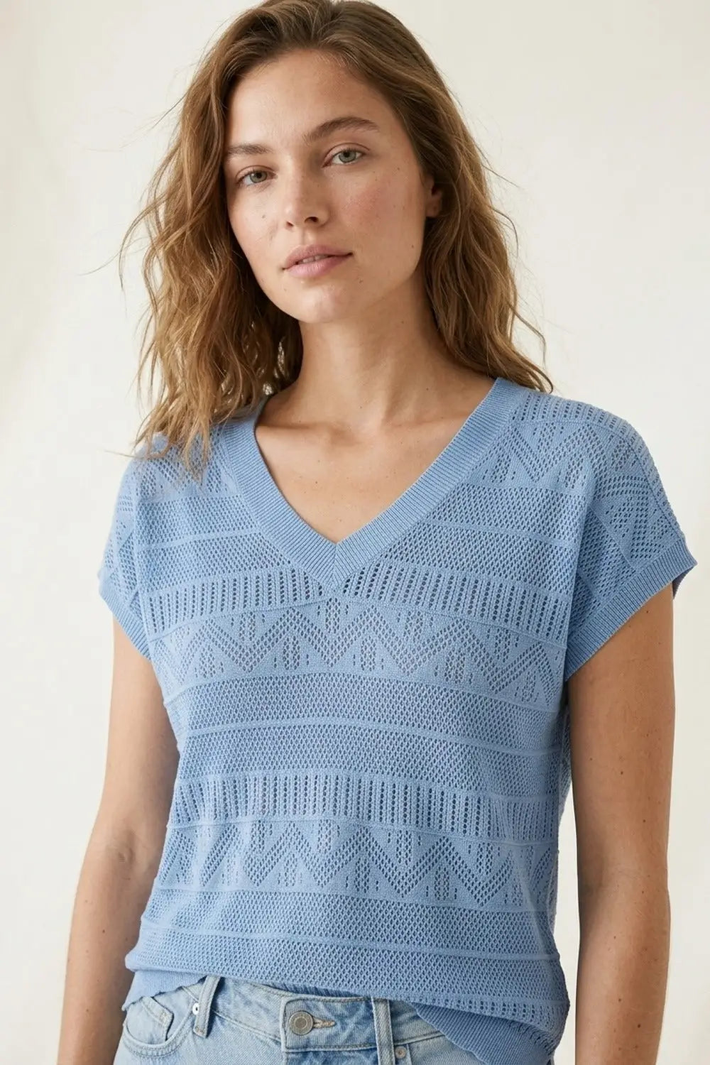 Light Blue Knit V-Neck Short Sleeve Top - BLUE / ONE - Sweaters