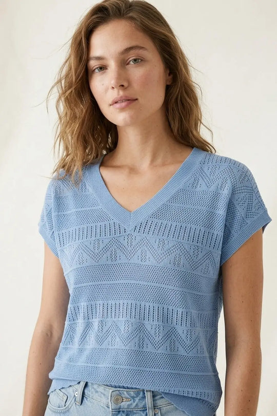 Light Blue Knit V-Neck Short Sleeve Top - BLUE / ONE - Sweaters
