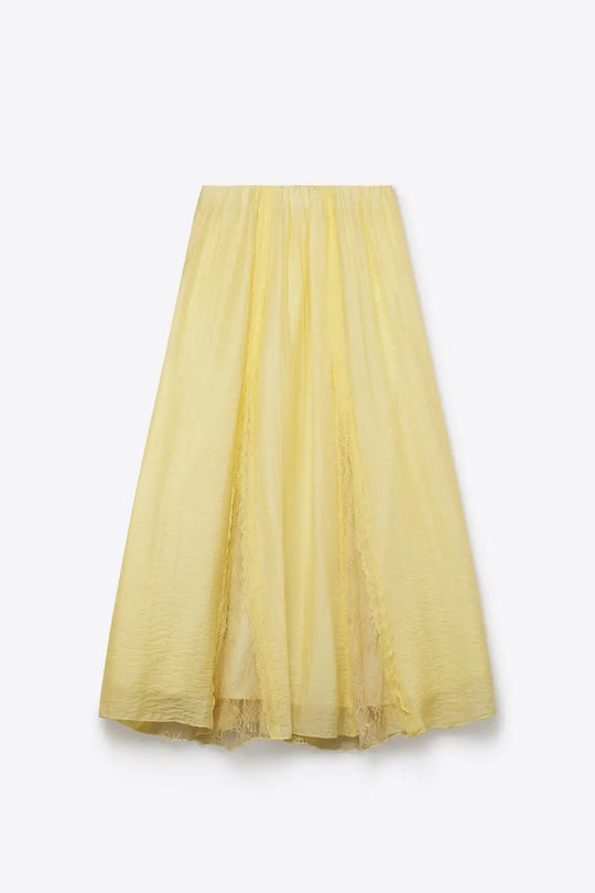 Yellow Sheer Textured A-Line maxi Skirt with lace insert - Skirts