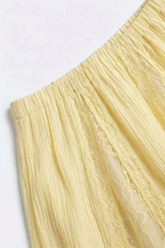 Yellow Sheer Textured A-Line maxi Skirt with lace insert - Skirts