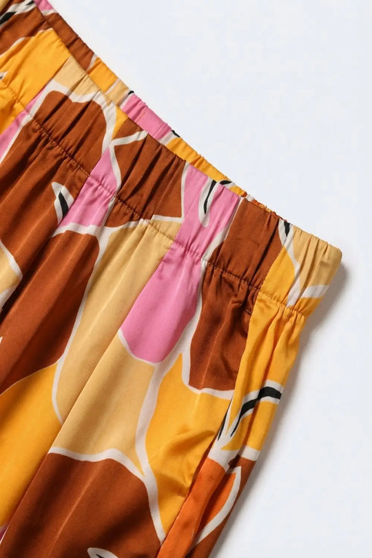 Tropical Print Wide Leg Pants in Warm orange tones - Pants