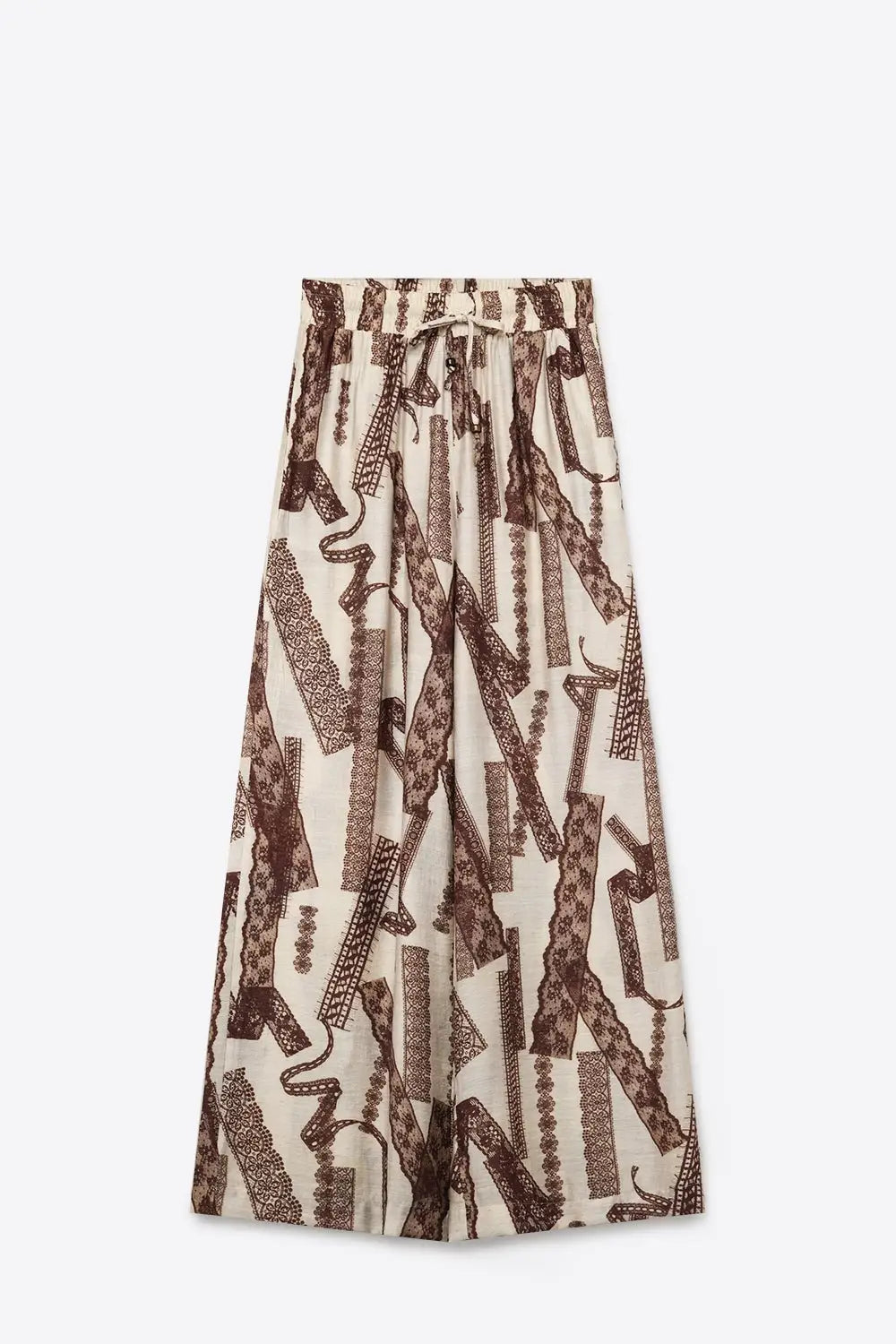 Cream and Brown Printed Wide-Leg Palazzo Pants with ankle lenght - Pants