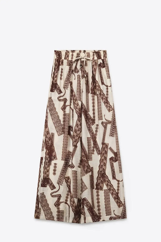 Cream and Brown Printed Wide-Leg Palazzo Pants with ankle lenght - Pants