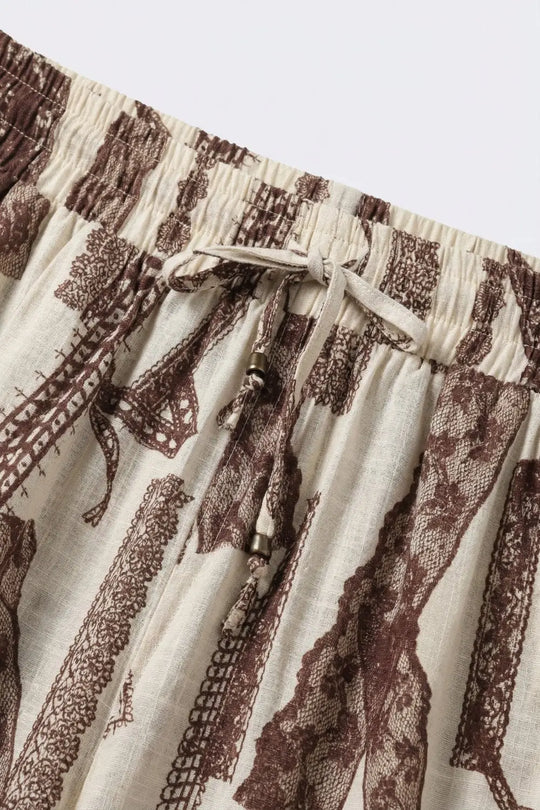 Cream and Brown Printed Wide-Leg Palazzo Pants with ankle lenght - Pants