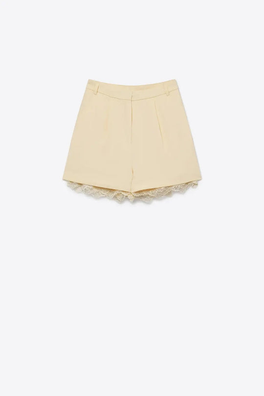 butter yellow Tailored Shorts with Lace Trim Detail - Pants