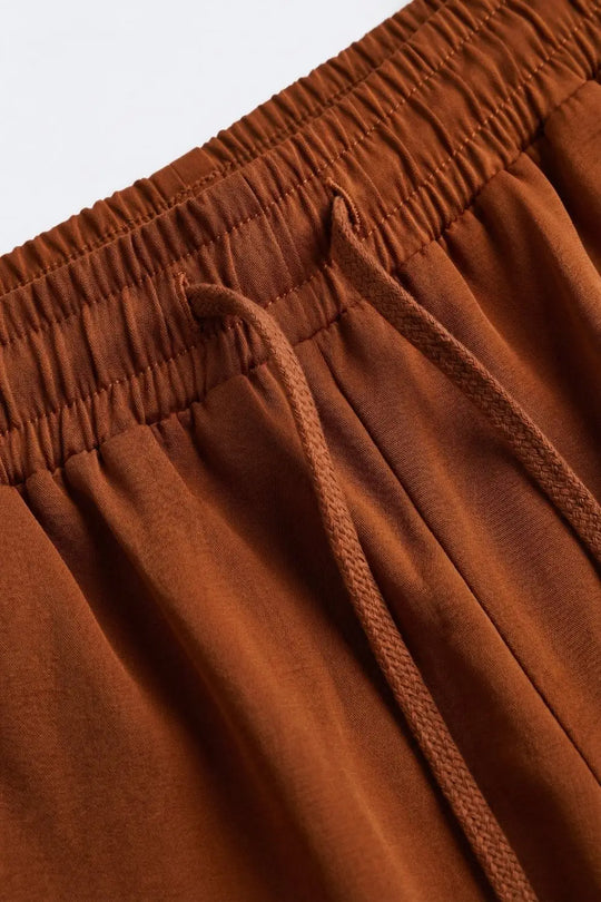 terracotta Wide-Leg Drawstring Waist Casual Pants - Pants