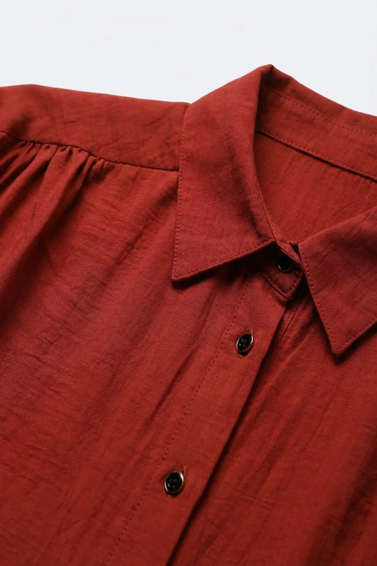 Button-down Short Sleeve Shirt with tie front hem in terracotta - Shirts