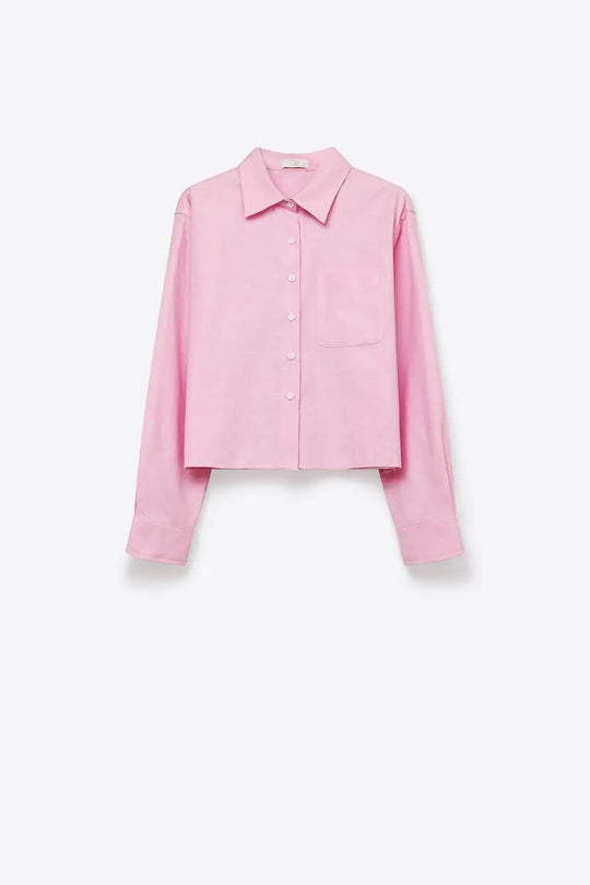 Pink Button-Up Cropped Shirt with Collar - Shirts