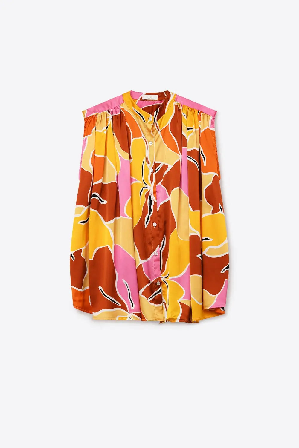 Tropical Print Button-Front Sleeveless Blouse in orange Warm Tones - ORANGE / ONE - Tops
