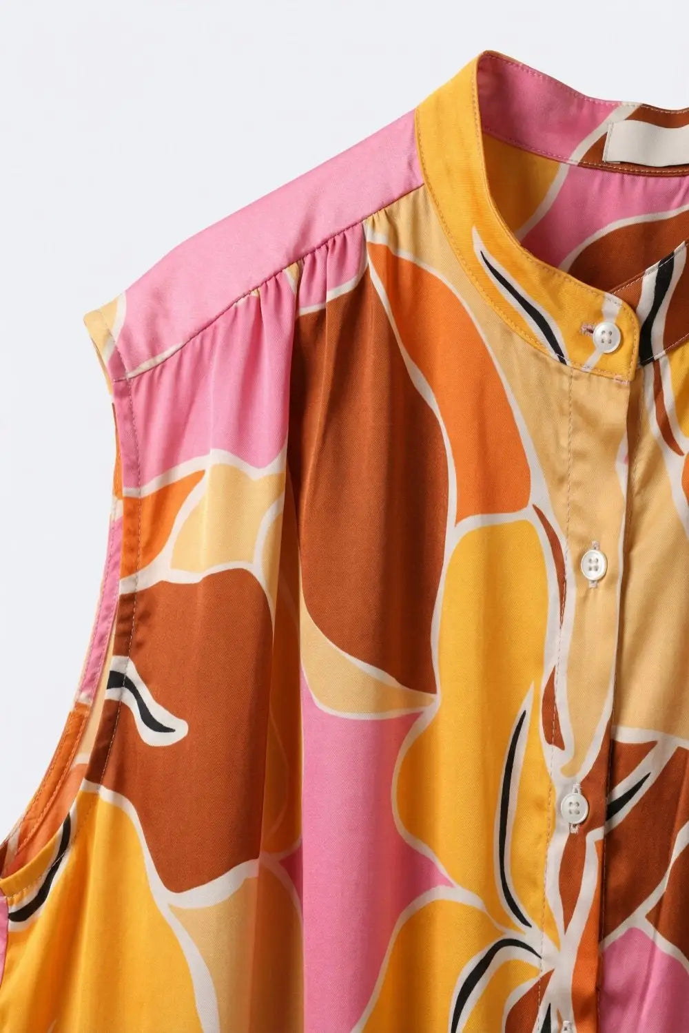 Tropical Print Button-Front Sleeveless Blouse in orange Warm Tones - ORANGE / ONE - Tops