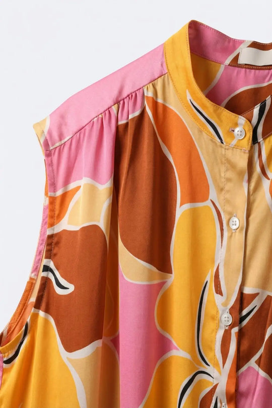 Tropical Print Button-Front Sleeveless Blouse in orange Warm Tones - ORANGE / ONE - Tops