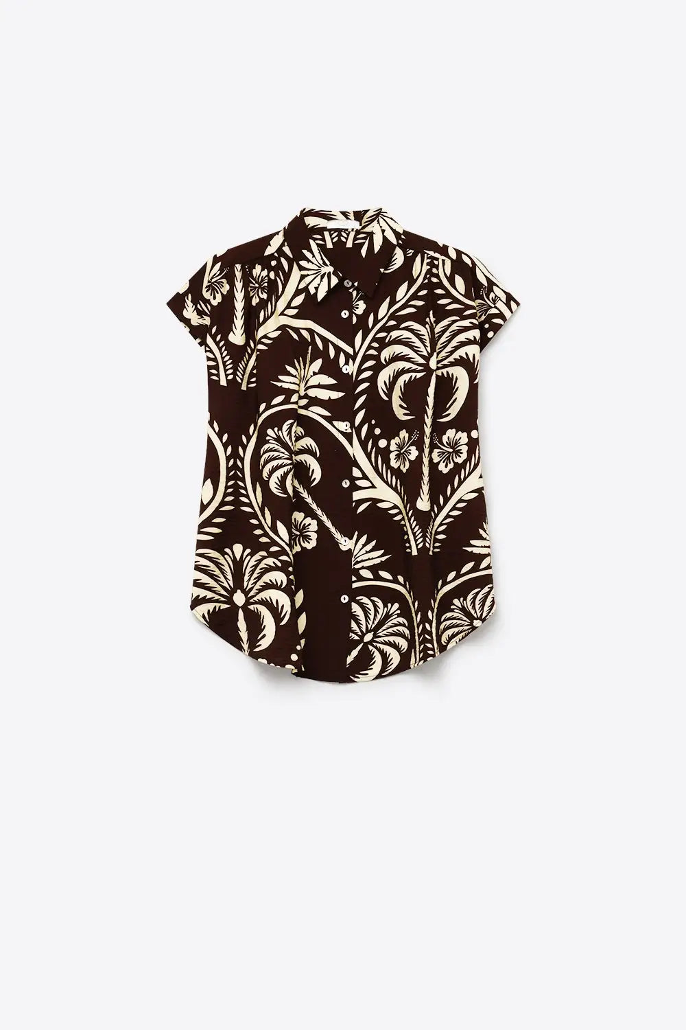 Brown Tropical Print Short Sleeve Button-Up shirt - Shirts