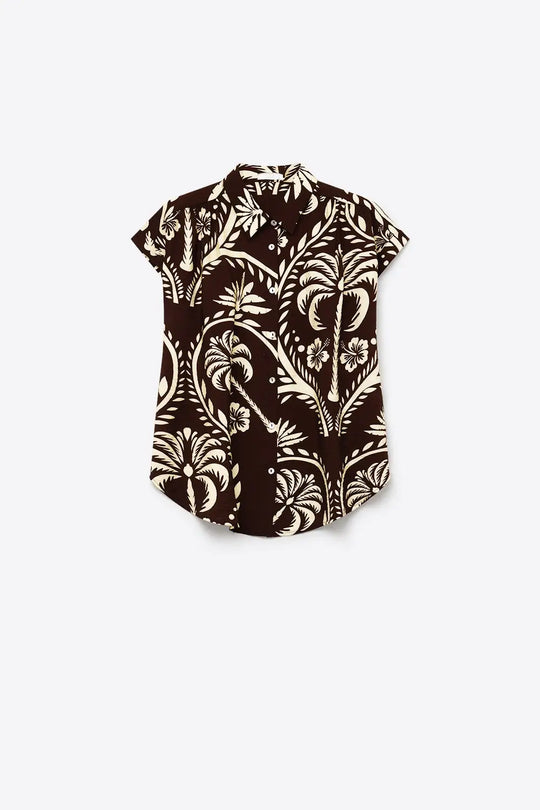 Brown Tropical Print Short Sleeve Button-Up shirt - Shirts