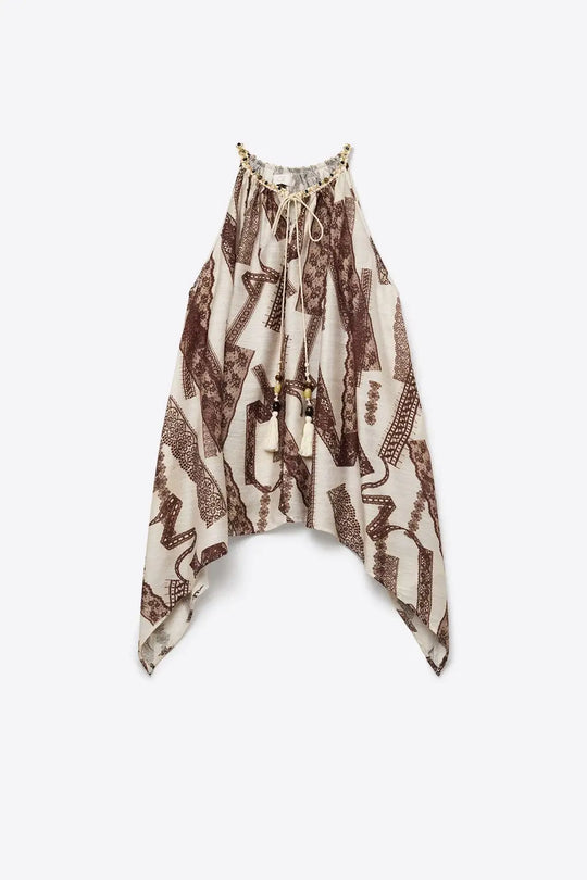 Beige and Brown Printed Relaxed Fit Halter Top - Tops