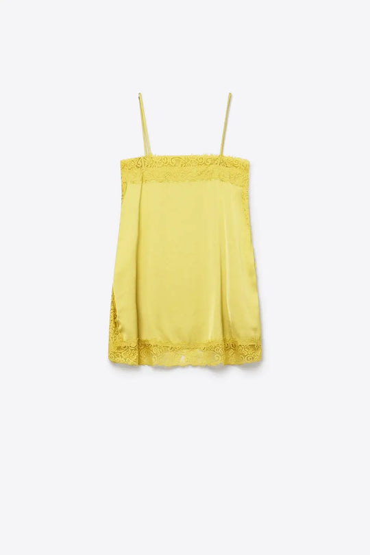 Yellow Satin Slip top with Lace Trim Details - Tops