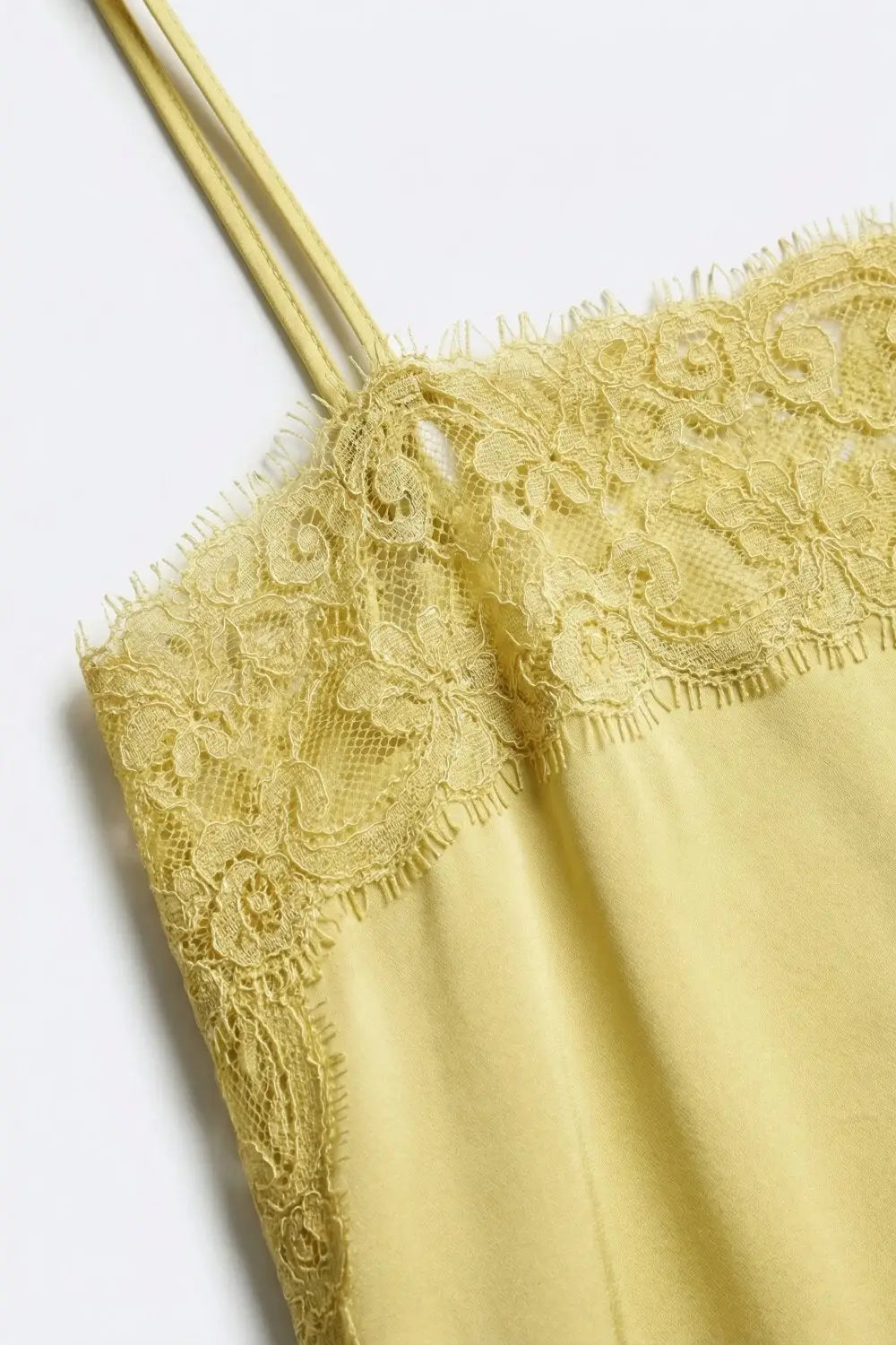 Yellow Satin Slip top with Lace Trim Details - Tops