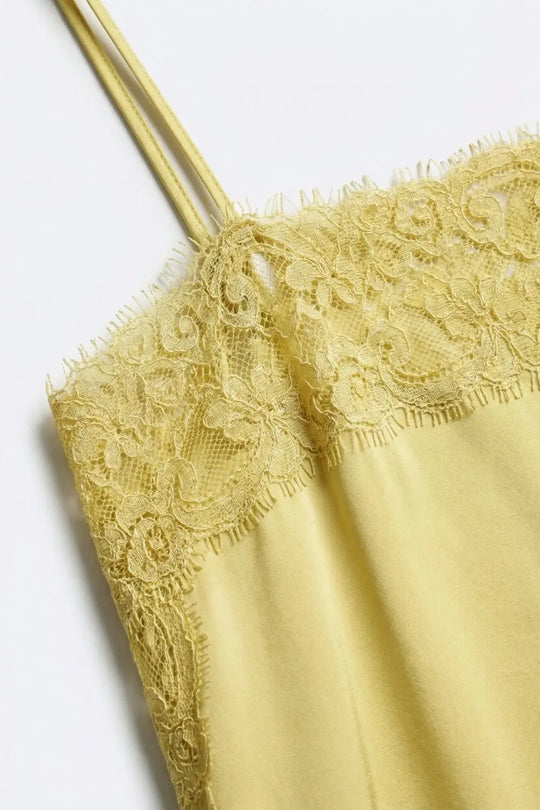 Yellow Satin Slip top with Lace Trim Details - Tops