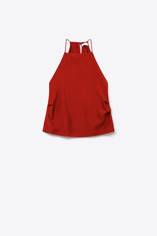 terracotta Textured Sleeveless Halter Neck Top - Tops