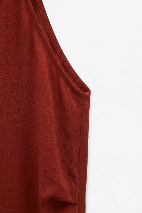 terracotta Textured Sleeveless Halter Neck Top - Tops