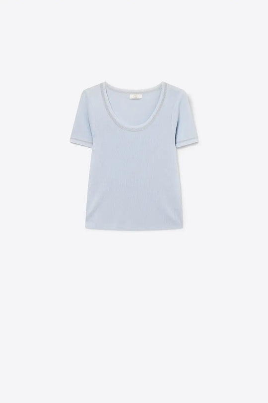 Short Sleeve sweater In baby blue With Silver Seam at Round Neck - BLUE / ONE - Sweaters
