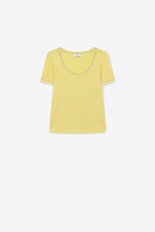 Yellow Ribbed Knit Scoop Neck sweater with shiny lurex trim - YELLOW / ONE - Tops
