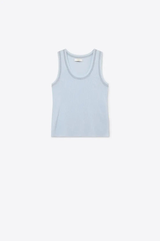 Light Blue Ribbed Knit Tank Top with Metallic Trim - BLUE / ONE - Tops