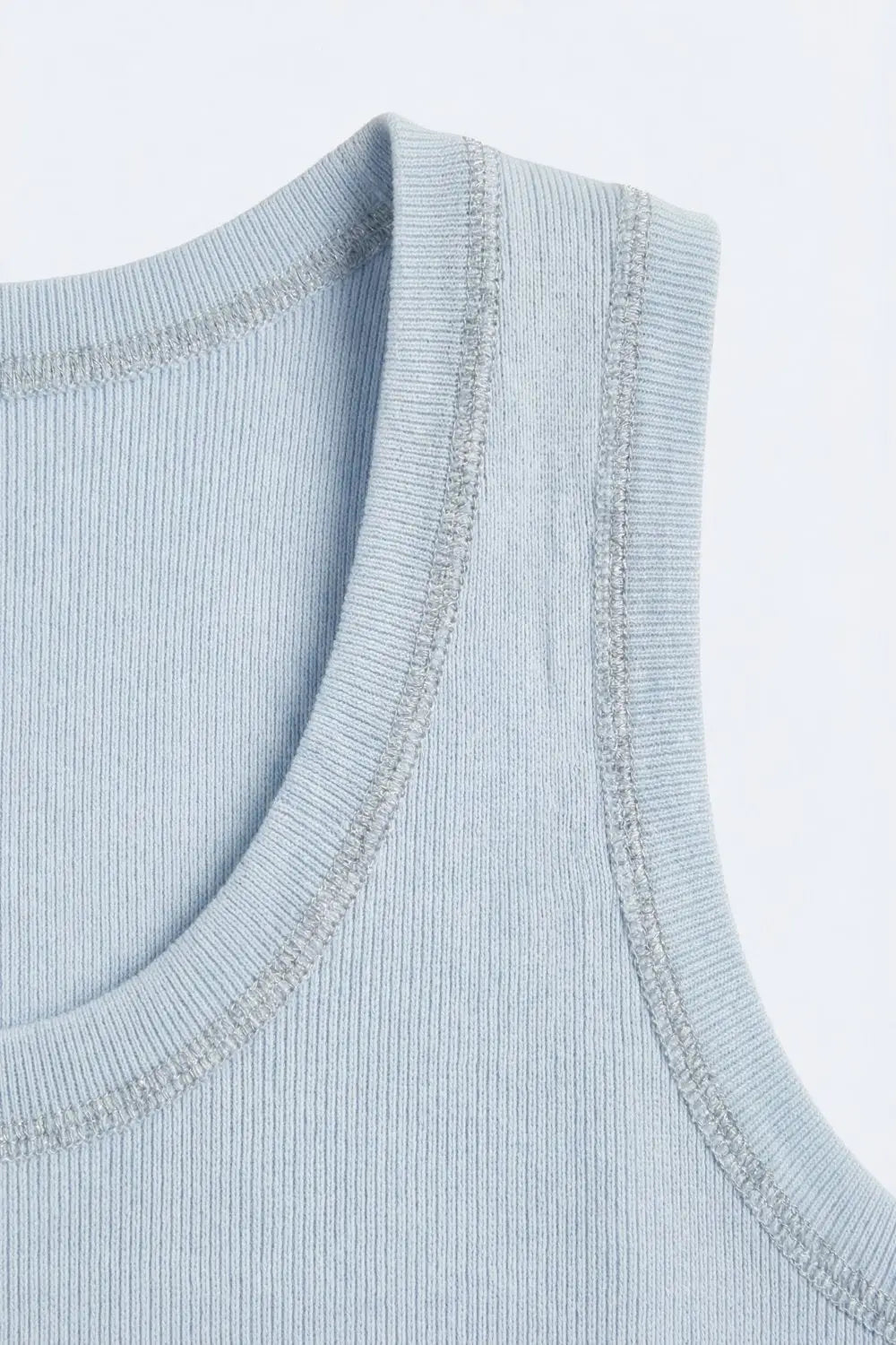 Light Blue Ribbed Knit Tank Top with Metallic Trim - BLUE / ONE - Tops
