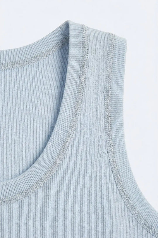 Light Blue Ribbed Knit Tank Top with Metallic Trim - BLUE / ONE - Tops