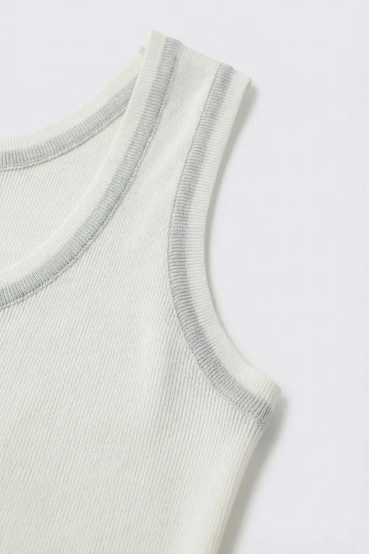 White Ribbed Knit Top with with Metallic Trim - WHITE / ONE - Tops
