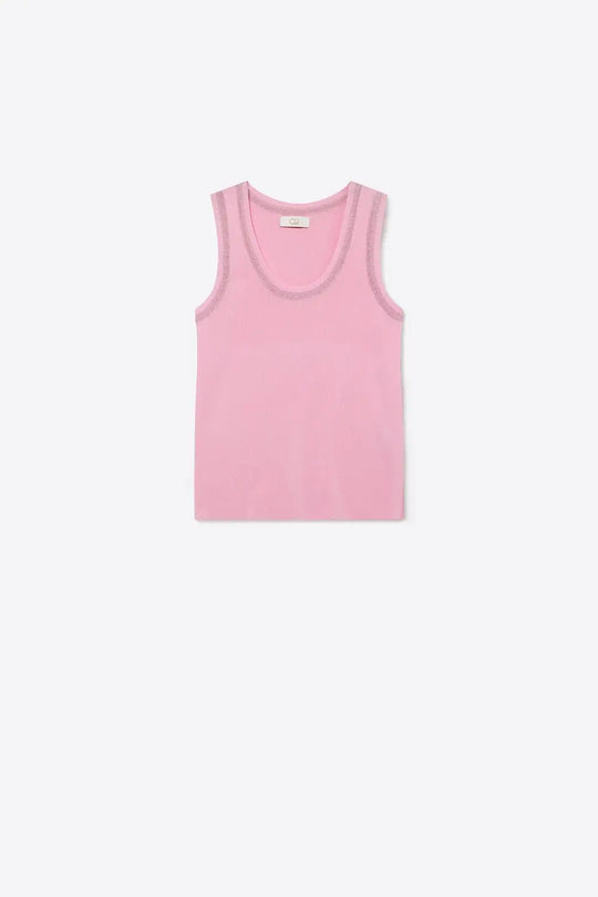 Pink Ribbed Knit Tank Top with metallic Contrast Trim - PINK / ONE - Tops