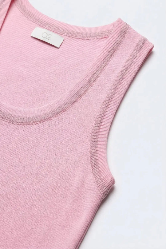 Pink Ribbed Knit Tank Top with metallic Contrast Trim - PINK / ONE - Tops