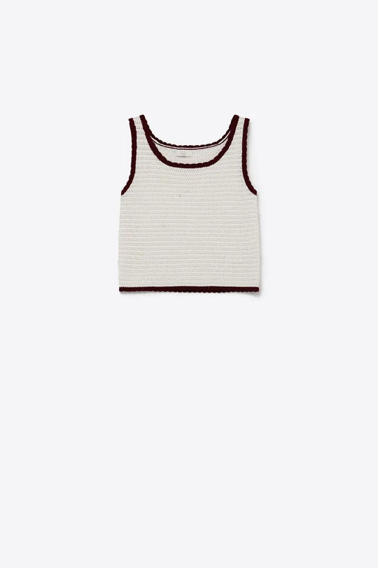Cream Crocheted Tank Top in Cream with Burgundy Trim - Tops
