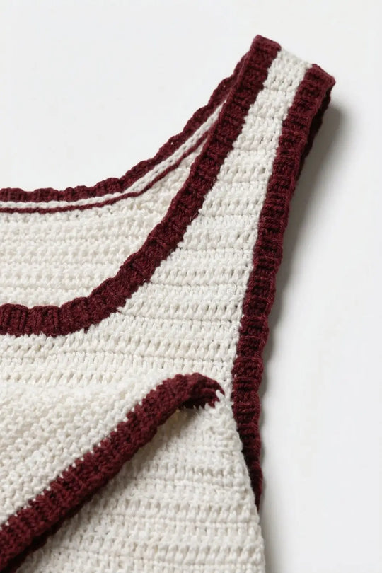 Cream Crocheted Tank Top in Cream with Burgundy Trim - Tops
