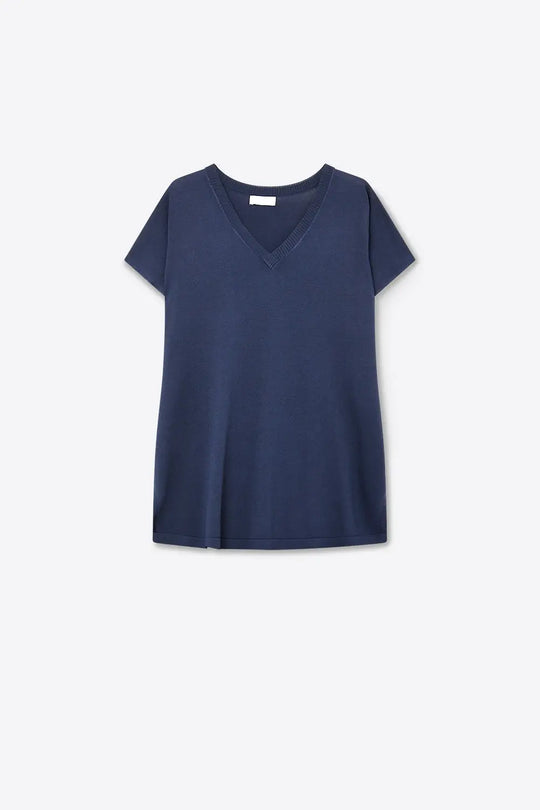 Navy V-Neck Short Sleeve Knitted sweater - NAVY / ONE - Tops