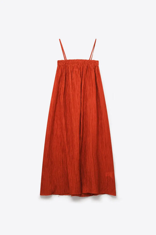 Rust Crinkled Maxi Dress with Spaghetti Straps - Dresses