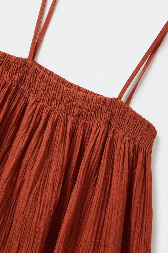 Rust Crinkled Maxi Dress with Spaghetti Straps - Dresses
