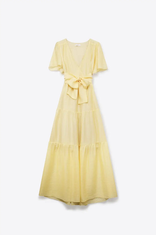 Yellow Maxi Dress with Waist Tie and Flutter Sleeves - Dresses