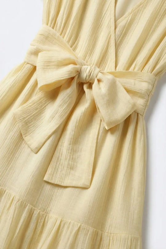 Yellow Maxi Dress with Waist Tie and Flutter Sleeves - Dresses