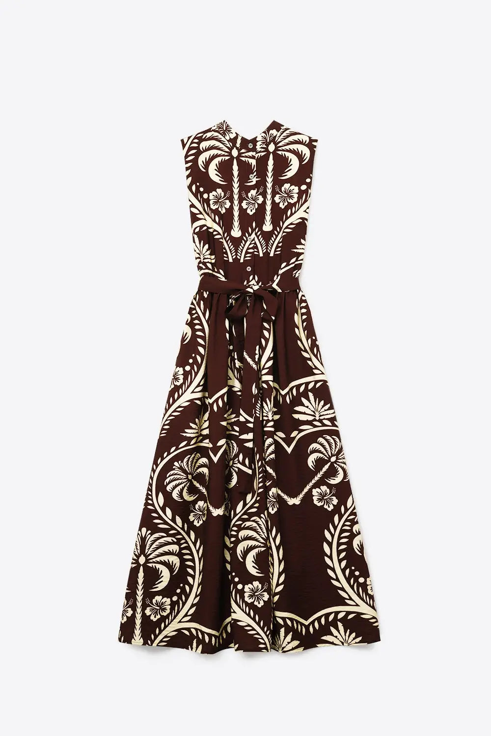 Brown Printed Maxi Dress with Belted Waist - BROWN / ONE - Dresses