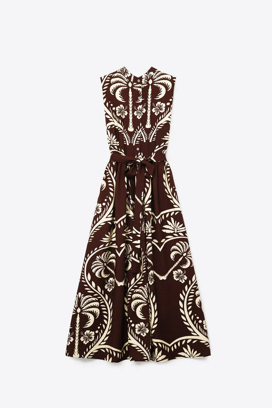 Brown Printed Maxi Dress with Belted Waist - BROWN / ONE - Dresses