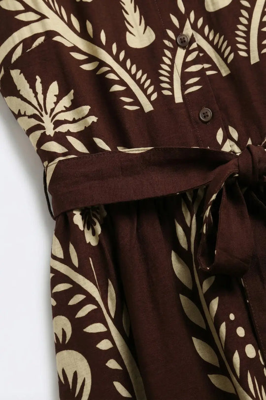 Brown Printed Maxi Dress with Belted Waist - BROWN / ONE - Dresses