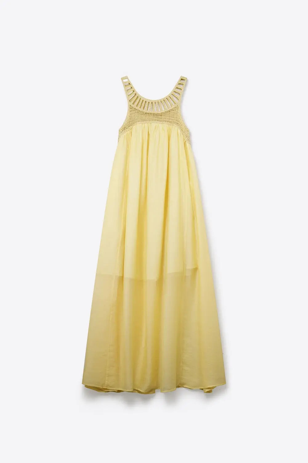 Yellow Crochet Yoke Maxi Dress with Flowing Skirt - Dresses