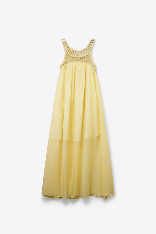 Yellow Crochet Yoke Maxi Dress with Flowing Skirt - Dresses