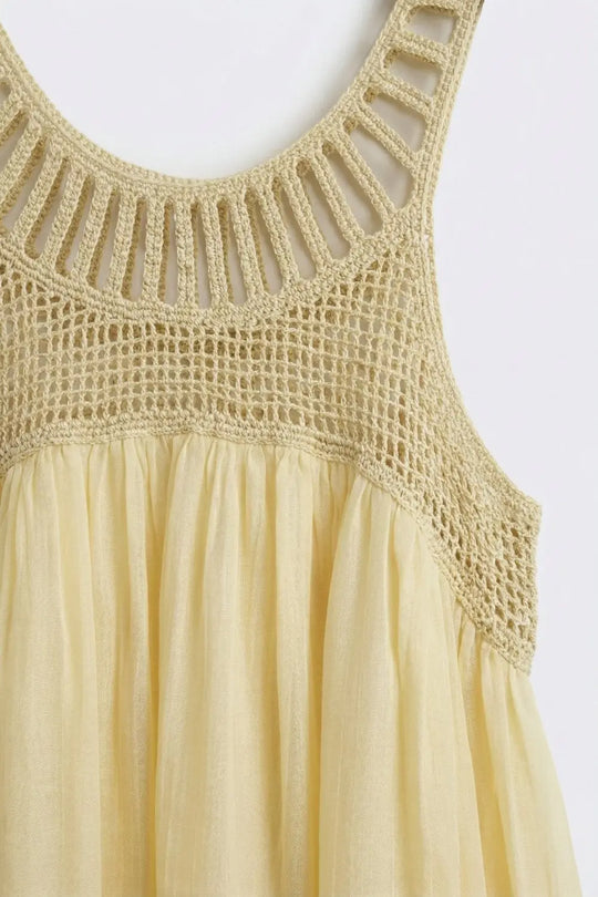 Yellow Crochet Yoke Maxi Dress with Flowing Skirt - Dresses